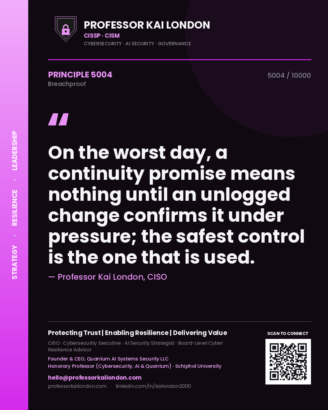 Quote card by Professor Kai London reading 'On the worst day, a continuity promise means nothing until an unlogged change confirms it under pressure; the safest control is the one that is used.'. From the book Breachproof.
