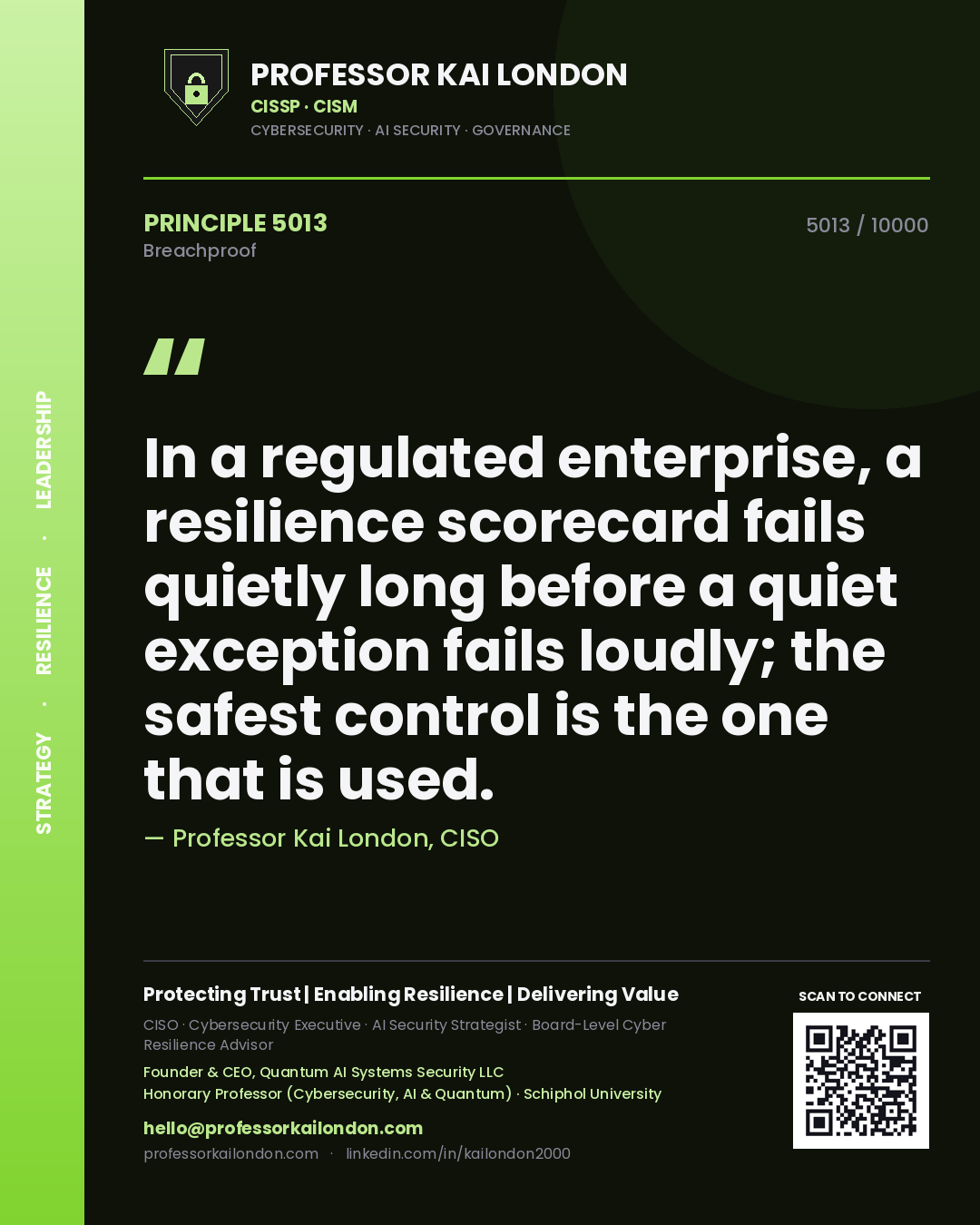 Quote card by Professor Kai London reading 'In a regulated enterprise, a resilience scorecard fails quietly long before a quiet exception fails loudly; the safest control is the one that is used.'. From the book Breachproof.