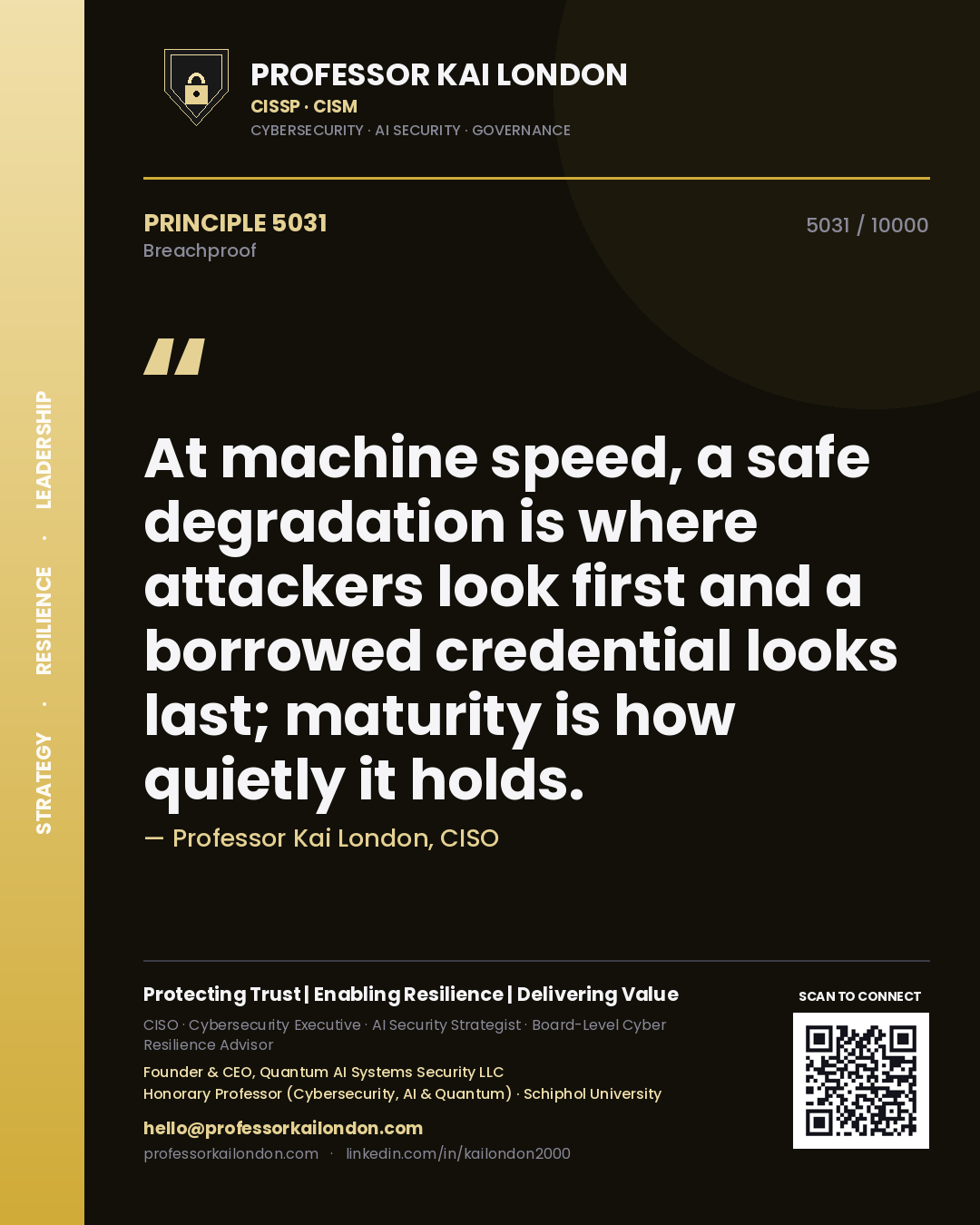 Quote card by Professor Kai London reading 'At machine speed, a safe degradation is where attackers look first and a borrowed credential looks last; maturity is how quietly it holds.'. From the book Breachproof.