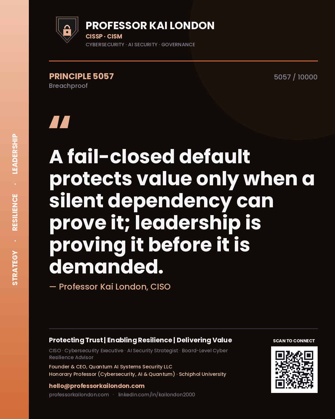 Quote card by Professor Kai London reading 'A fail-closed default protects value only when a silent dependency can prove it; leadership is proving it before it is demanded.'. From the book Breachproof.