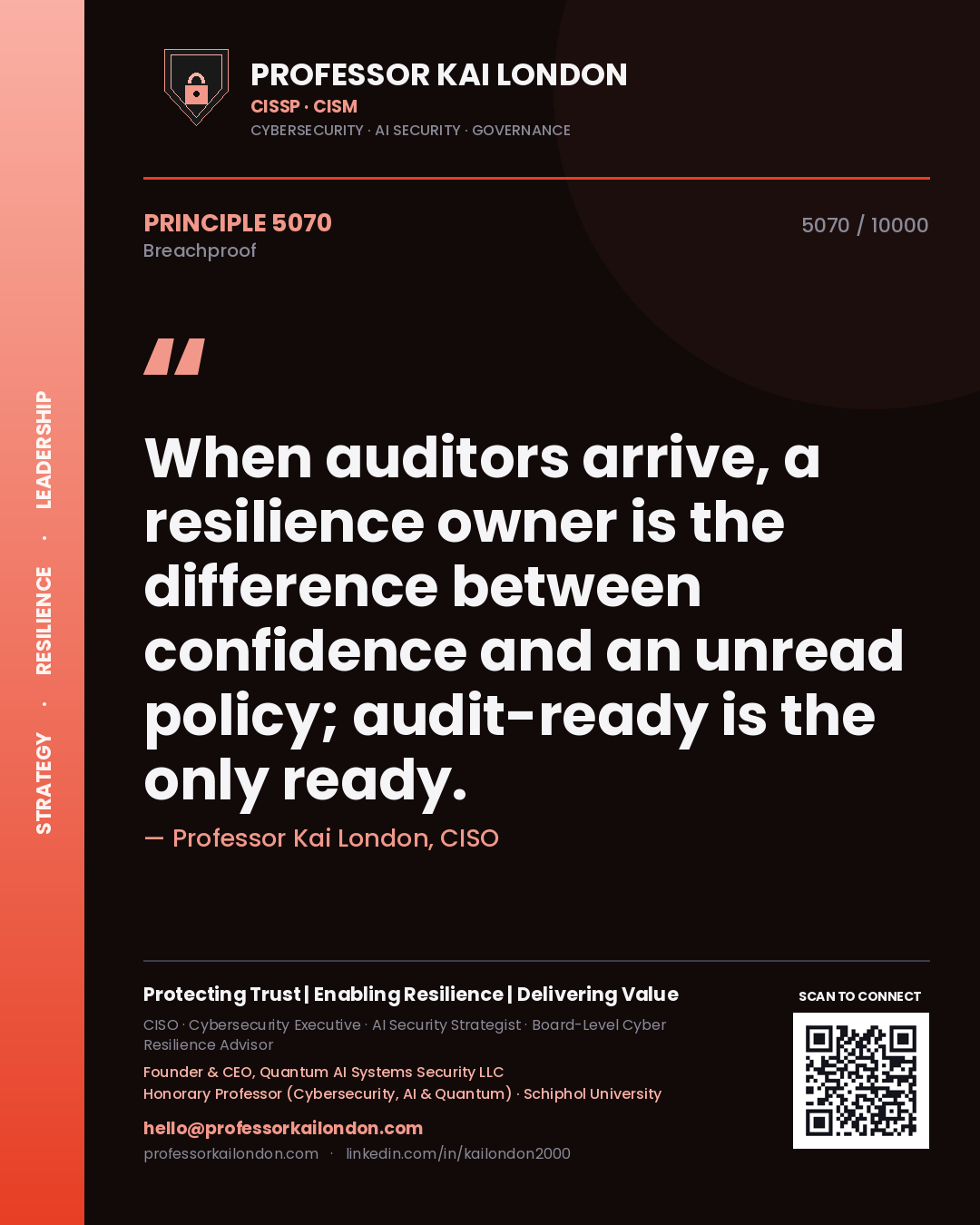 Quote card by Professor Kai London reading 'When auditors arrive, a resilience owner is the difference between confidence and an unread policy; audit-ready is the only ready.'. From the book Breachproof.