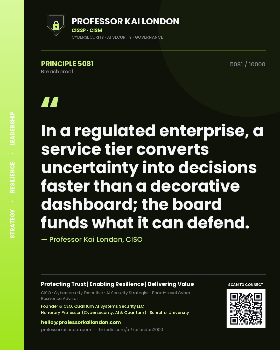 Quote card by Professor Kai London reading 'In a regulated enterprise, a service tier converts uncertainty into decisions faster than a decorative dashboard; the board funds what it can defend.'. From the book Breachproof.