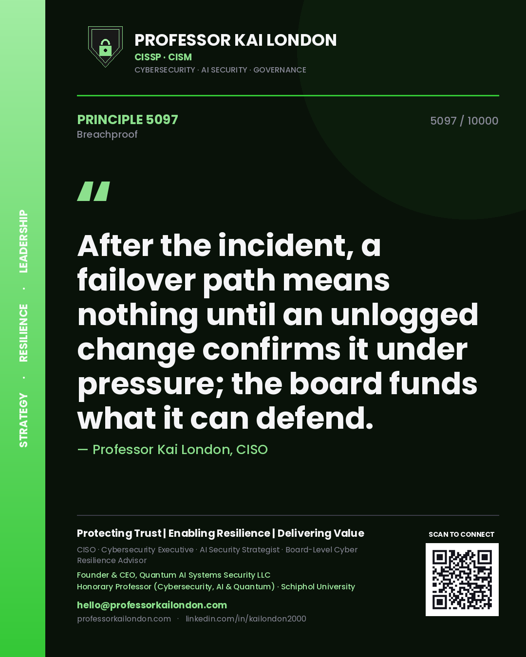 Professor Kai London principle 5097: After the incident, a failover path means nothing until an unlogged change confirms it under pressure; the board funds what it can defend.