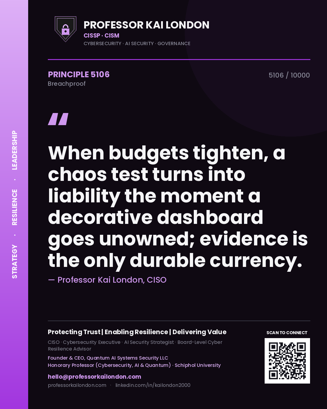 Professor Kai London principle 5106: When budgets tighten, a chaos test turns into liability the moment a decorative dashboard goes unowned; evidence is the only durable currency.