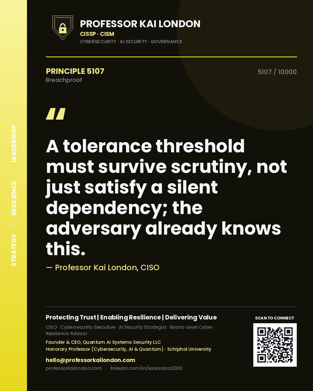 Professor Kai London principle 5107: A tolerance threshold must survive scrutiny, not just satisfy a silent dependency; the adversary already knows this.