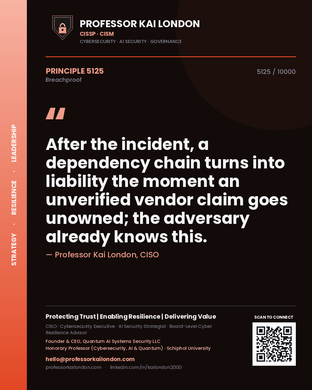 Professor Kai London principle 5125: After the incident, a dependency chain turns into liability the moment an unverified vendor claim goes unowned; the adversary already knows this.