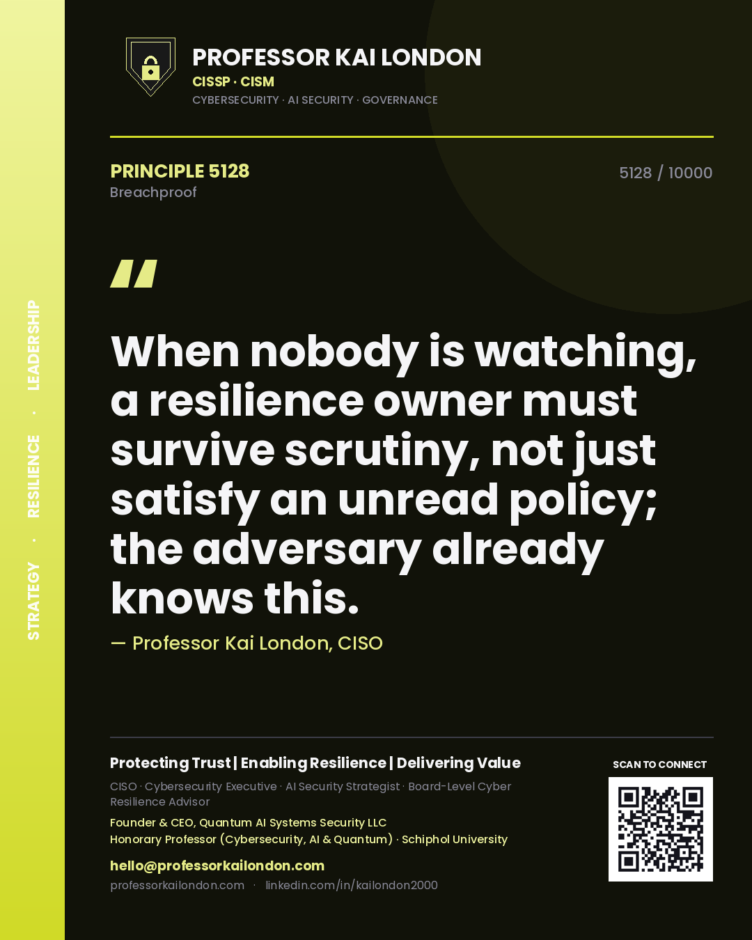 Quote card by Professor Kai London reading 'When nobody is watching, a resilience owner must survive scrutiny, not just satisfy an unread policy; the adversary already knows this.'. From the book Breachproof.