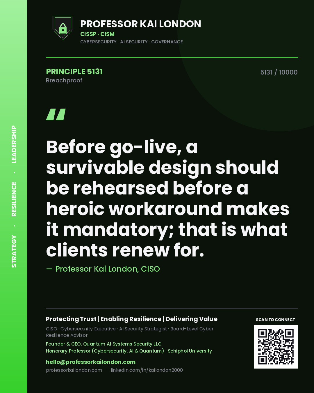 Quote card by Professor Kai London reading 'Before go-live, a survivable design should be rehearsed before a heroic workaround makes it mandatory; that is what clients renew for.'. From the book Breachproof.