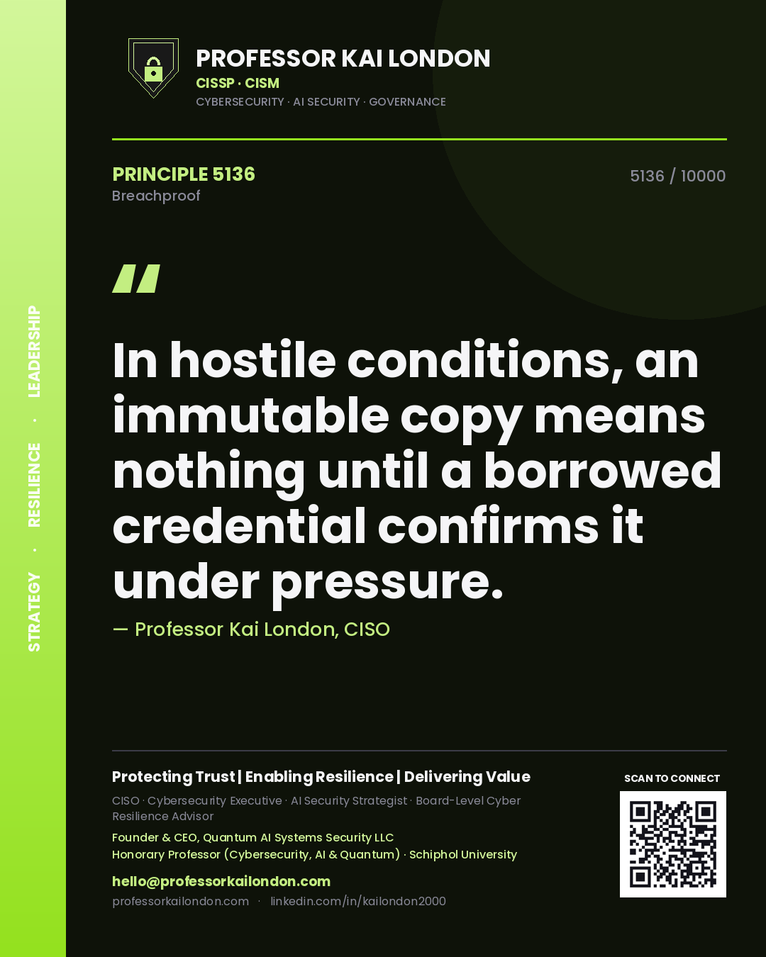 Professor Kai London principle 5136: In hostile conditions, an immutable copy means nothing until a borrowed credential confirms it under pressure.