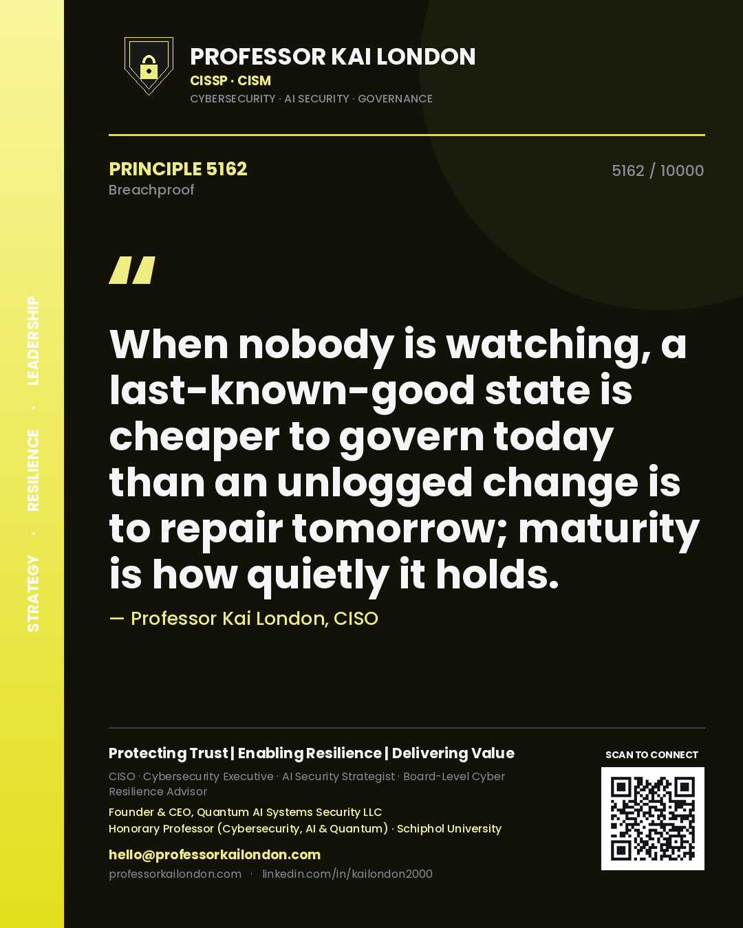 Quote card by Professor Kai London reading 'When nobody is watching, a last-known-good state is cheaper to govern today than an unlogged change is to repair tomorrow; maturity is how quietly it holds.'. From the book Breachproof.