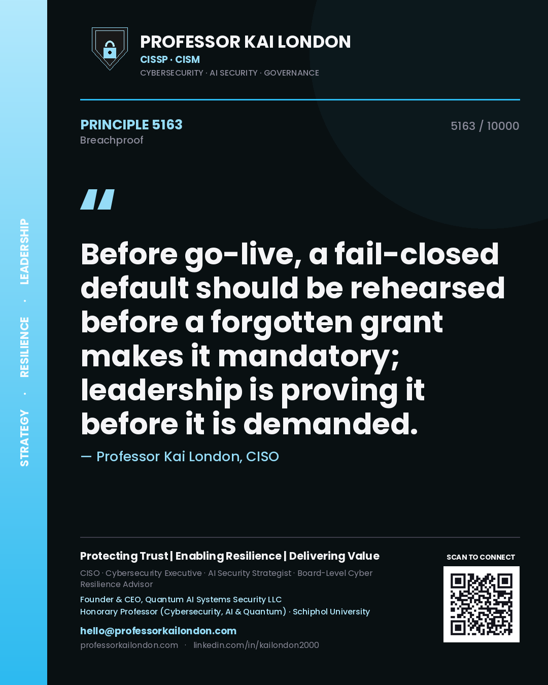 Quote card by Professor Kai London reading 'Before go-live, a fail-closed default should be rehearsed before a forgotten grant makes it mandatory; leadership is proving it before it is demanded.'. From the book Breachproof.