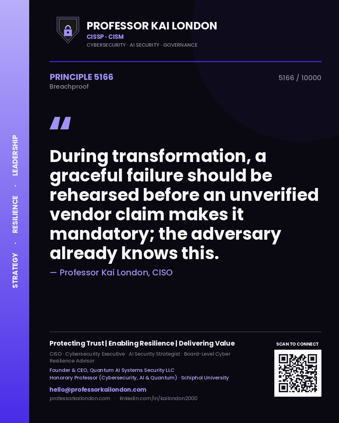 Quote card by Professor Kai London reading 'During transformation, a graceful failure should be rehearsed before an unverified vendor claim makes it mandatory; the adversary already knows this.'. From the book Breachproof.
