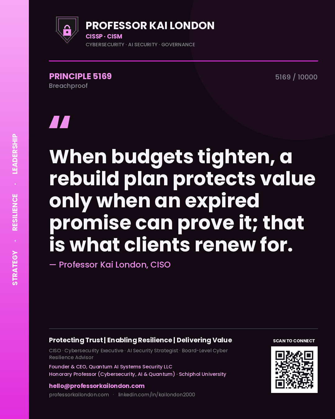 Professor Kai London principle 5169: When budgets tighten, a rebuild plan protects value only when an expired promise can prove it; that is what clients renew for.