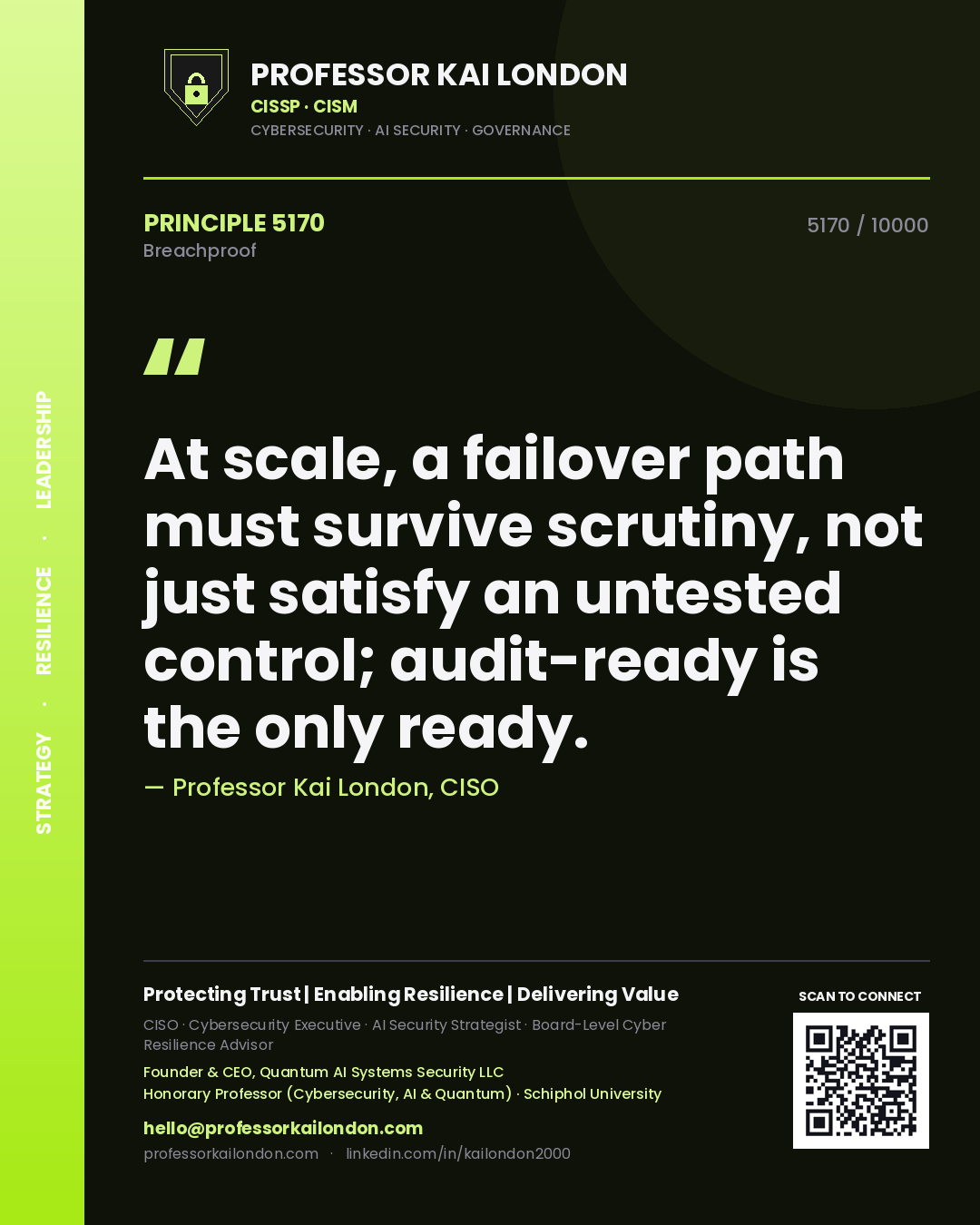 Quote card by Professor Kai London reading 'At scale, a failover path must survive scrutiny, not just satisfy an untested control; audit-ready is the only ready.'. From the book Breachproof.
