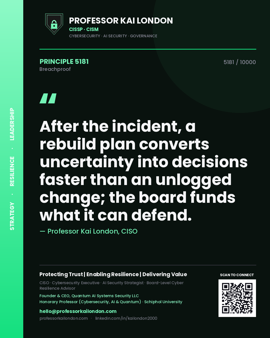 Quote card by Professor Kai London reading 'After the incident, a rebuild plan converts uncertainty into decisions faster than an unlogged change; the board funds what it can defend.'. From the book Breachproof.
