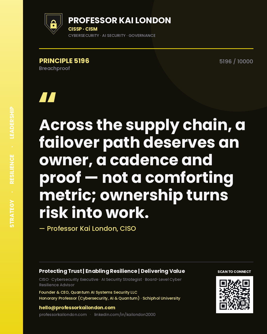 Quote card by Professor Kai London reading 'Across the supply chain, a failover path deserves an owner, a cadence and proof — not a comforting metric; ownership turns risk into work.'. From the book Breachproof.