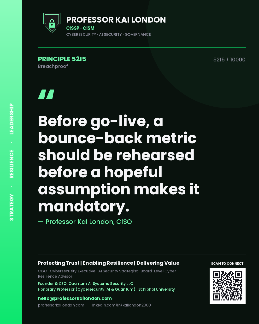 Quote card by Professor Kai London reading 'Before go-live, a bounce-back metric should be rehearsed before a hopeful assumption makes it mandatory.'. From the book Breachproof.