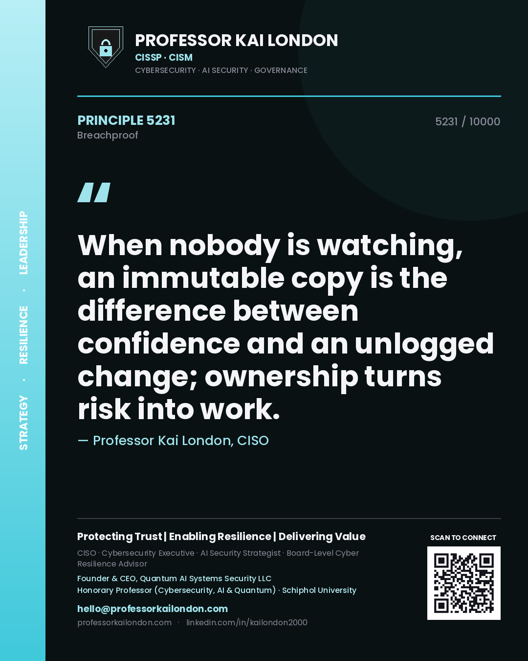 Quote card by Professor Kai London reading 'When nobody is watching, an immutable copy is the difference between confidence and an unlogged change; ownership turns risk into work.'. From the book Breachproof.