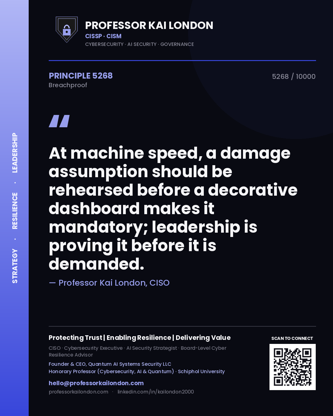 Professor Kai London principle 5268: At machine speed, a damage assumption should be rehearsed before a decorative dashboard makes it mandatory; leadership is proving it before it is demanded.
