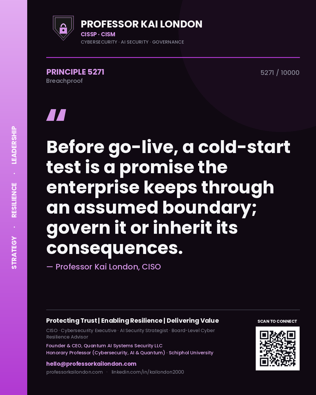 Professor Kai London principle 5271: Before go-live, a cold-start test is a promise the enterprise keeps through an assumed boundary; govern it or inherit its consequences.