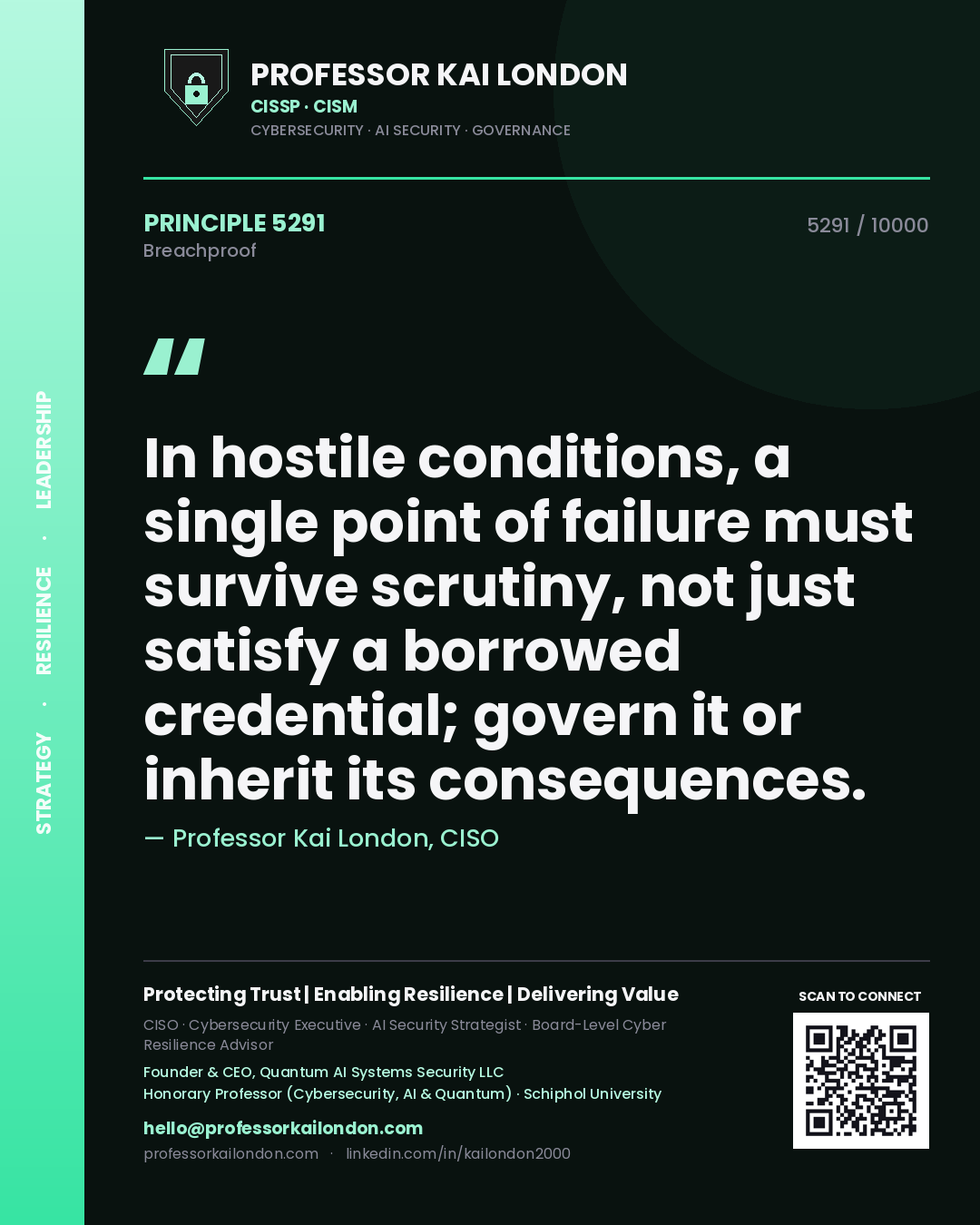 Professor Kai London principle 5291: In hostile conditions, a single point of failure must survive scrutiny, not just satisfy a borrowed credential; govern it or inherit its consequences.
