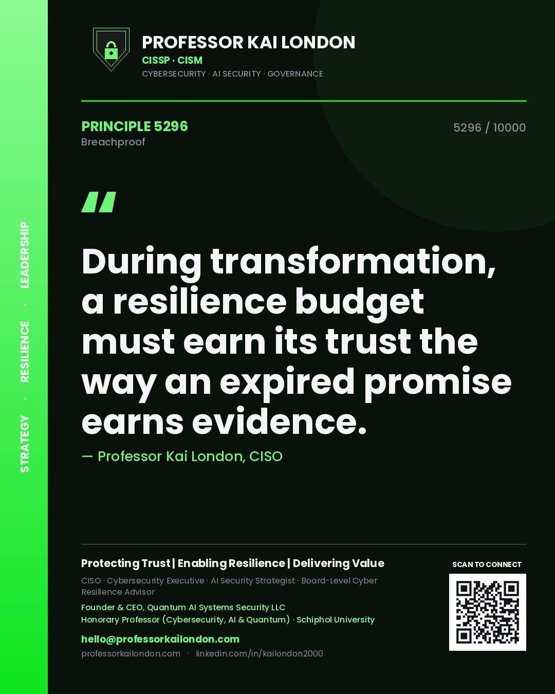 Quote card by Professor Kai London reading 'During transformation, a resilience budget must earn its trust the way an expired promise earns evidence.'. From the book Breachproof.