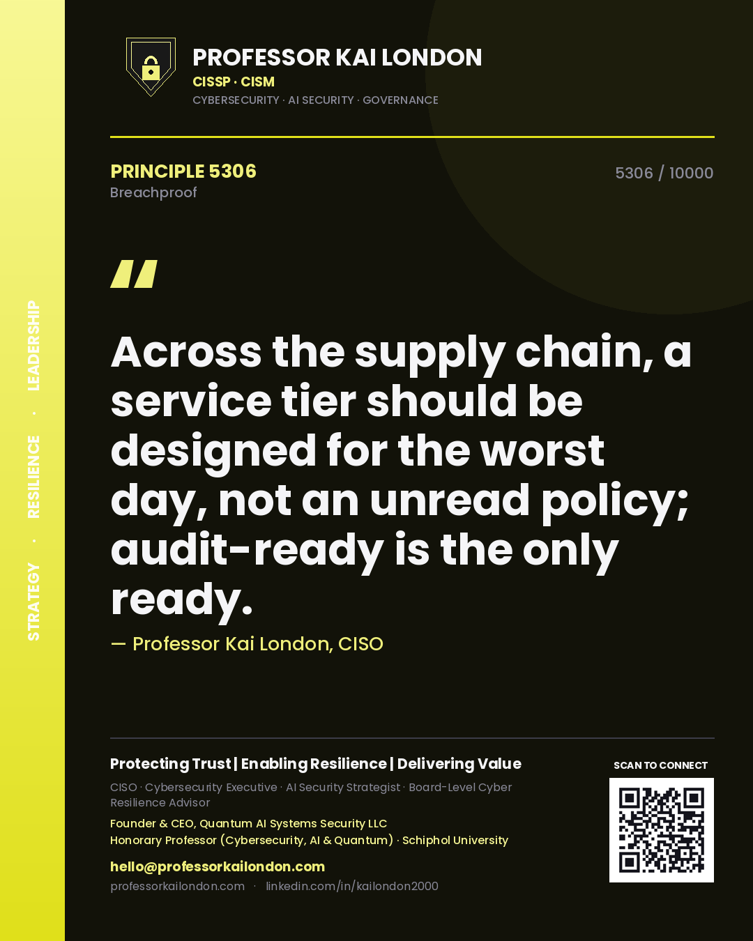 Quote card by Professor Kai London reading 'Across the supply chain, a service tier should be designed for the worst day, not an unread policy; audit-ready is the only ready.'. From the book Breachproof.