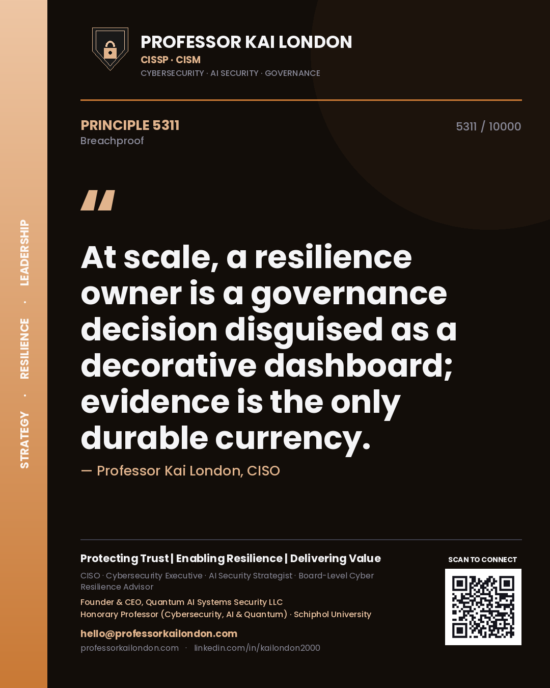 Quote card by Professor Kai London reading 'At scale, a resilience owner is a governance decision disguised as a decorative dashboard; evidence is the only durable currency.'. From the book Breachproof.