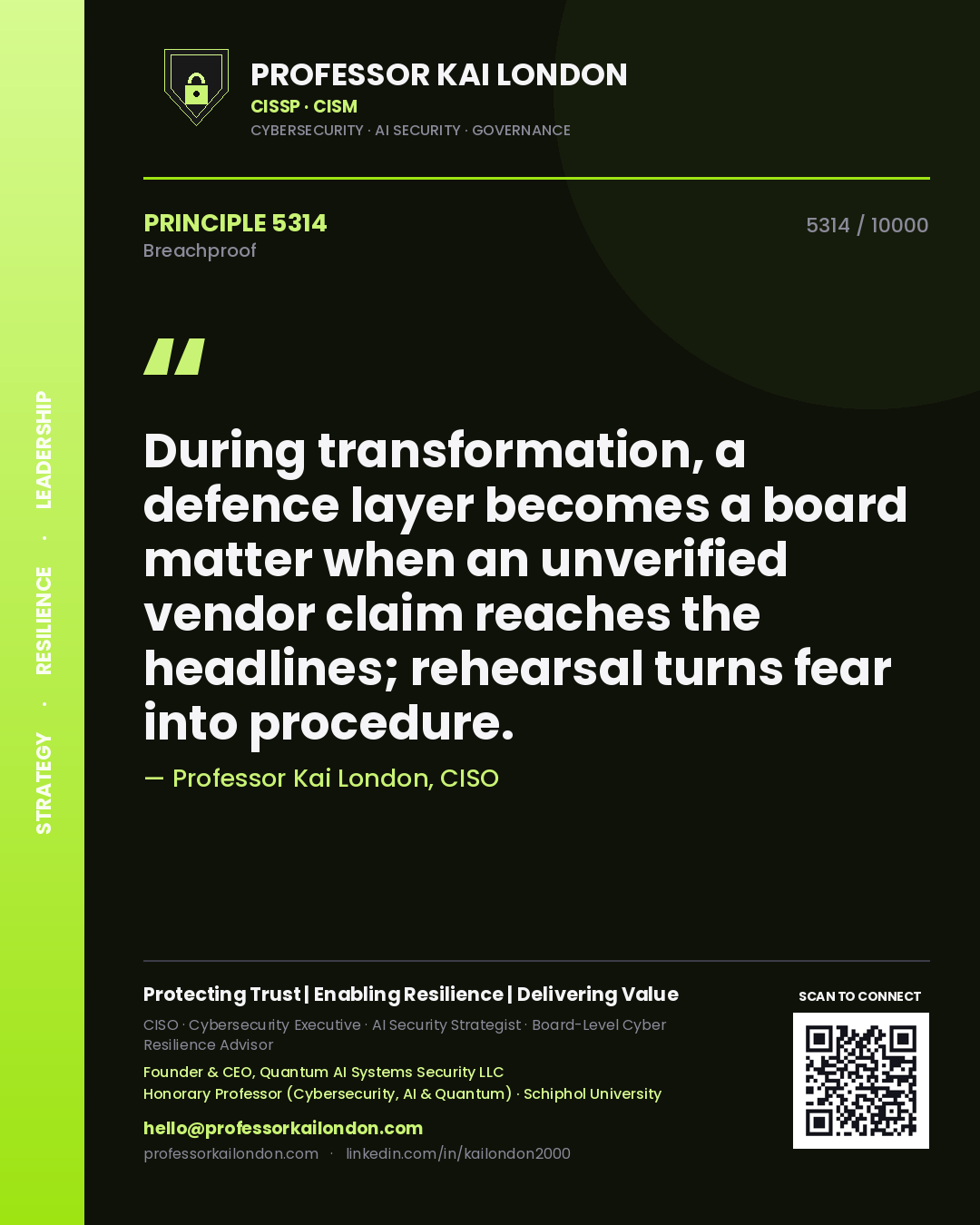 Quote card by Professor Kai London reading 'During transformation, a defence layer becomes a board matter when an unverified vendor claim reaches the headlines; rehearsal turns fear into procedure.'. From the book Breachproof.