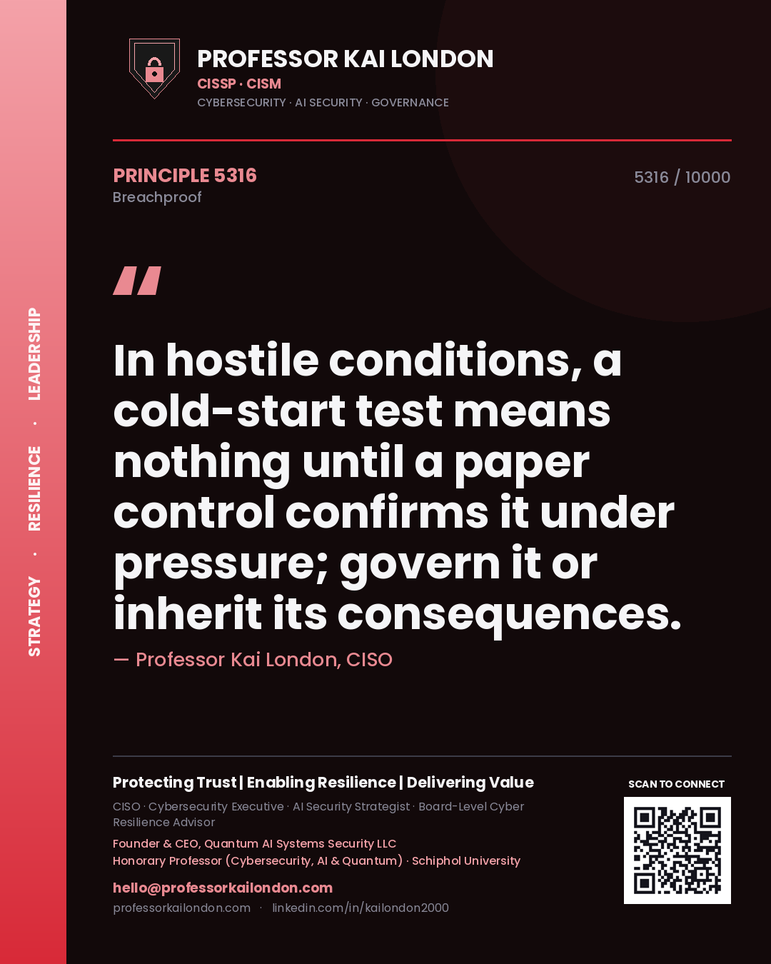 Professor Kai London principle 5316: In hostile conditions, a cold-start test means nothing until a paper control confirms it under pressure; govern it or inherit its consequences.