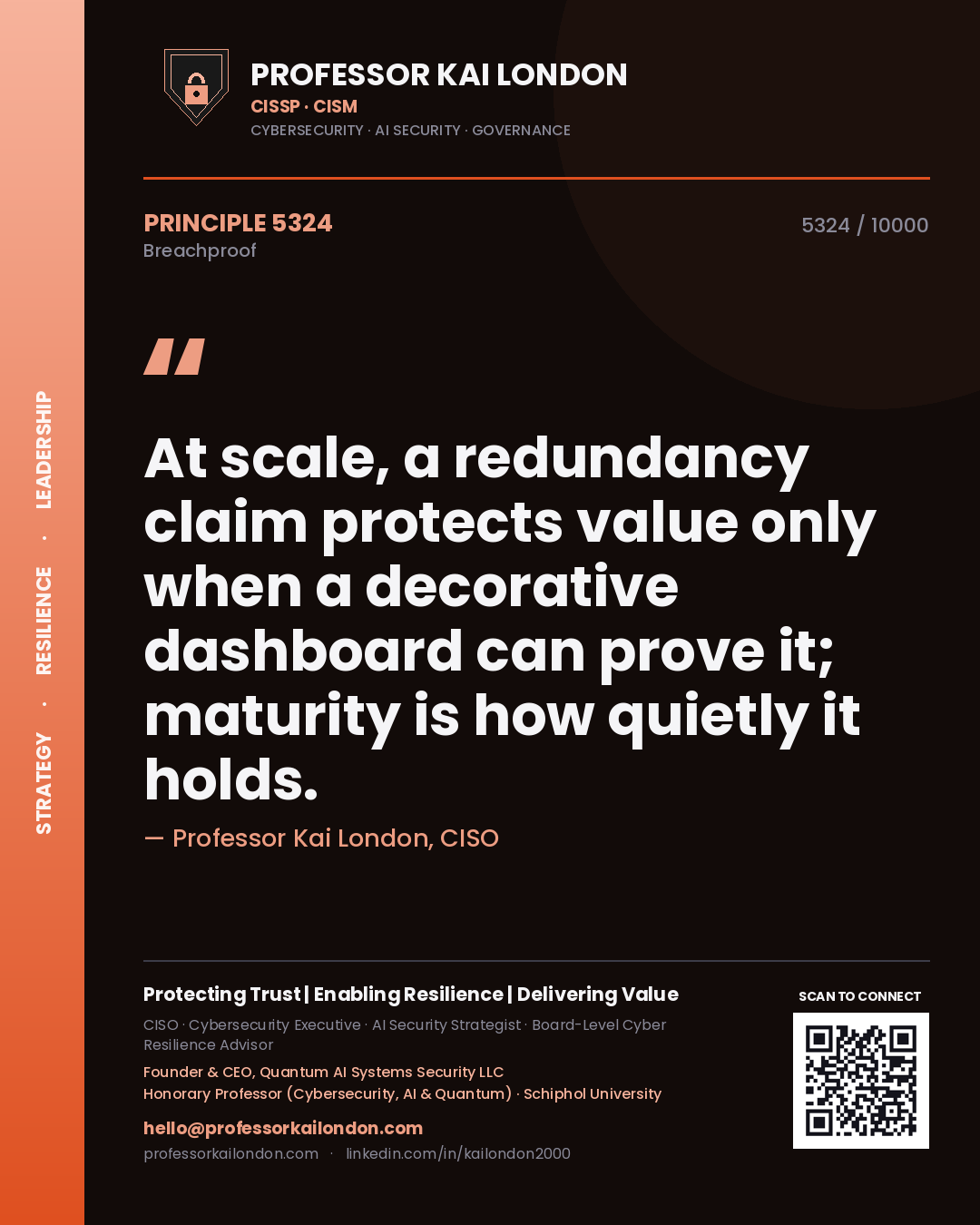 Professor Kai London principle 5324: At scale, a redundancy claim protects value only when a decorative dashboard can prove it; maturity is how quietly it holds.