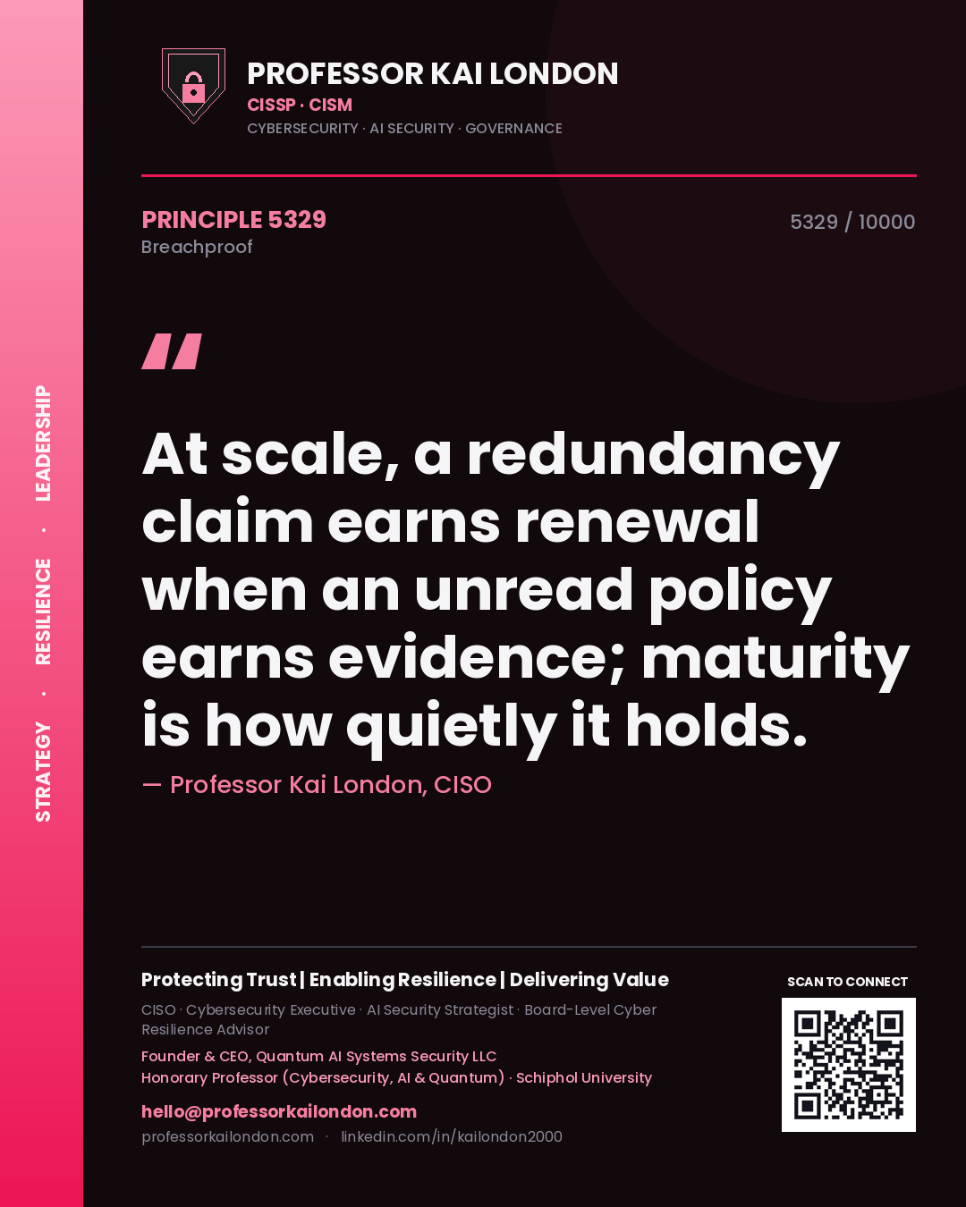 Quote card by Professor Kai London reading 'At scale, a redundancy claim earns renewal when an unread policy earns evidence; maturity is how quietly it holds.'. From the book Breachproof.