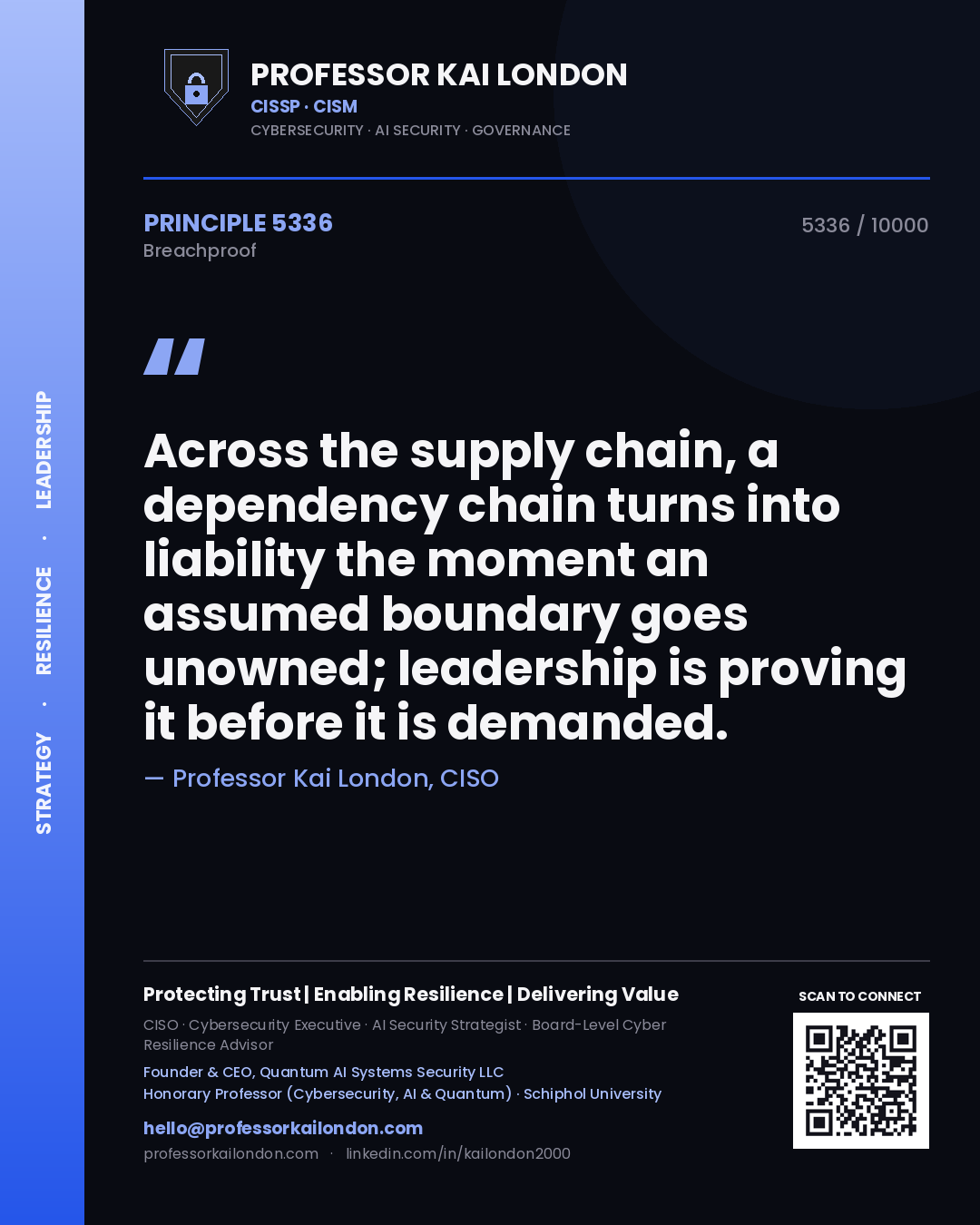 Quote card by Professor Kai London reading 'Across the supply chain, a dependency chain turns into liability the moment an assumed boundary goes unowned; leadership is proving it before it is demanded.'. From the book Breachproof.