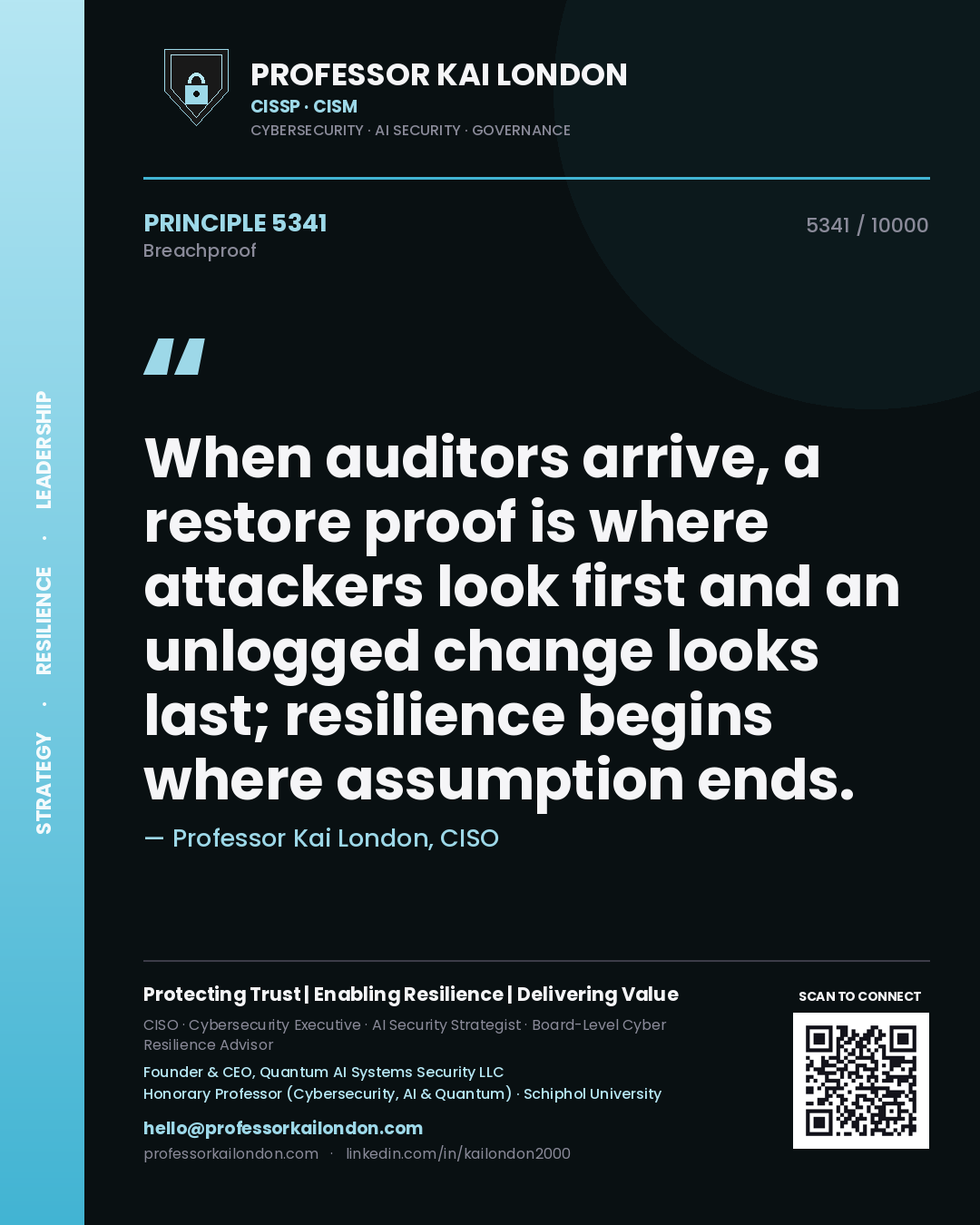 Quote card by Professor Kai London reading 'When auditors arrive, a restore proof is where attackers look first and an unlogged change looks last; resilience begins where assumption ends.'. From the book Breachproof.