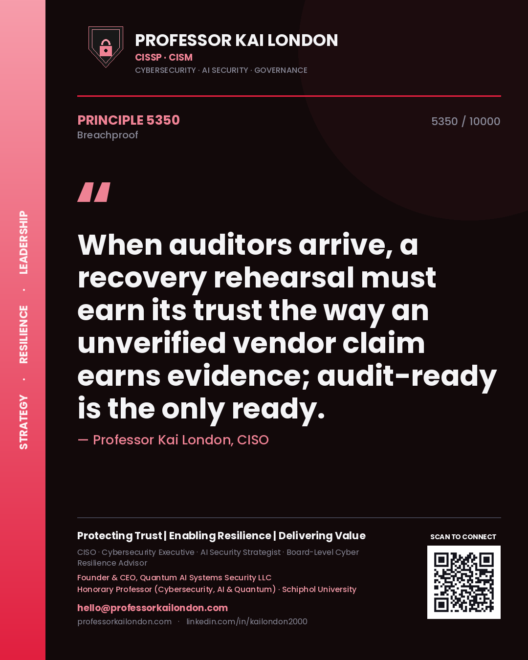 Quote card by Professor Kai London reading 'When auditors arrive, a recovery rehearsal must earn its trust the way an unverified vendor claim earns evidence; audit-ready is the only ready.'. From the book Breachproof.