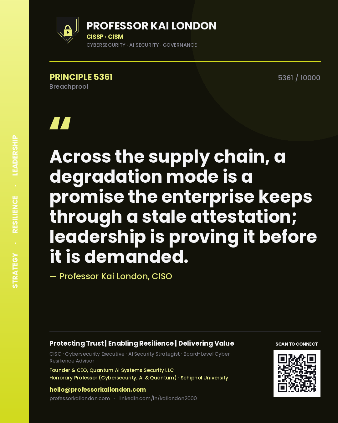 Quote card by Professor Kai London reading 'Across the supply chain, a degradation mode is a promise the enterprise keeps through a stale attestation; leadership is proving it before it is demanded.'. From the book Breachproof.