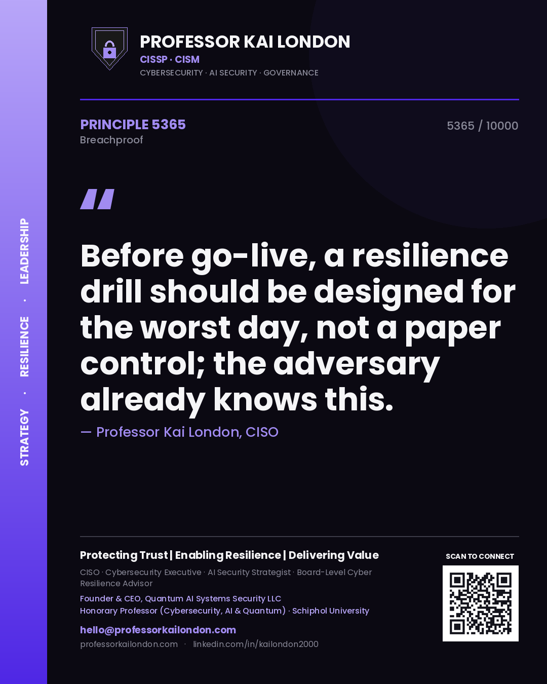 Quote card by Professor Kai London reading 'Before go-live, a resilience drill should be designed for the worst day, not a paper control; the adversary already knows this.'. From the book Breachproof.