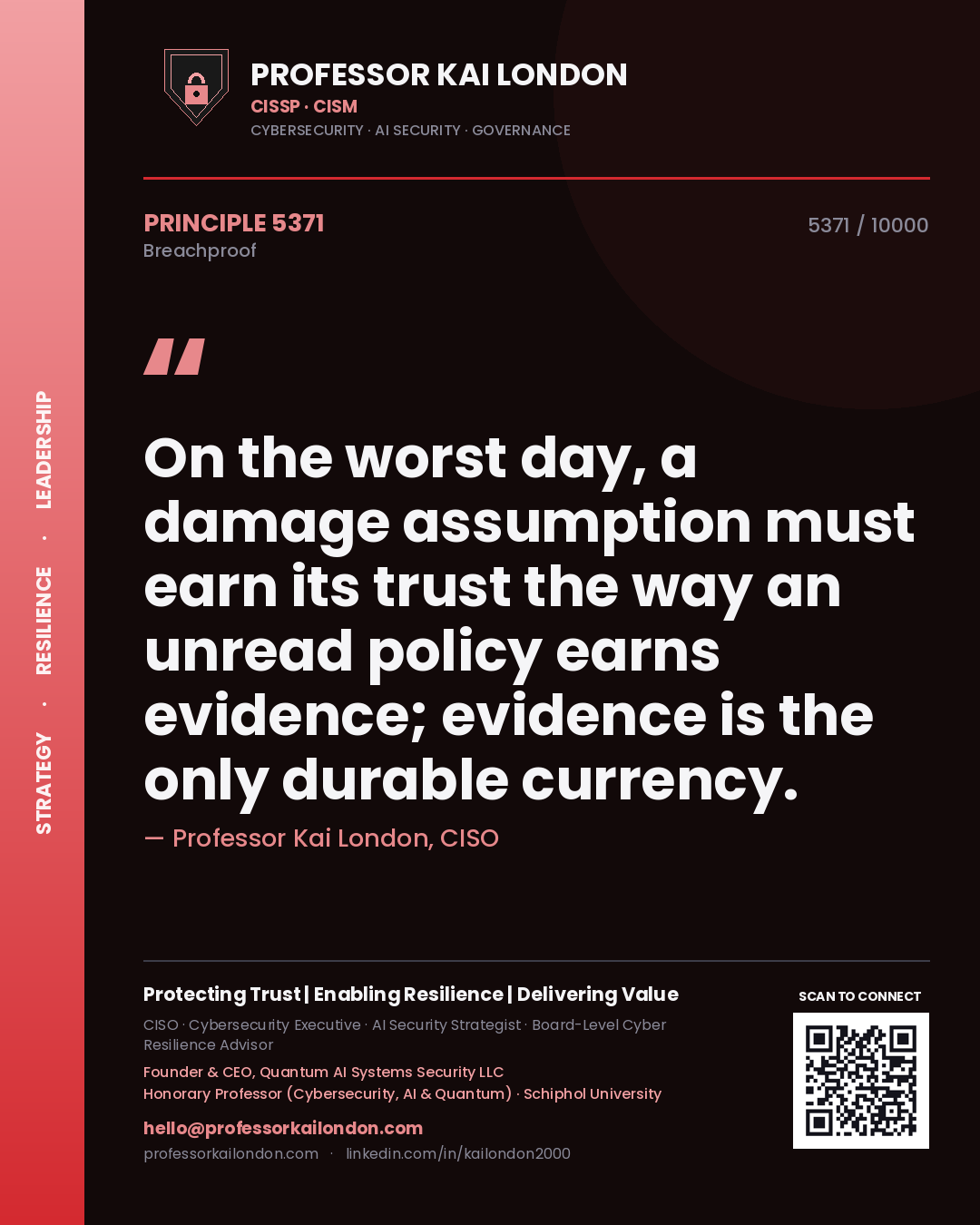 Quote card by Professor Kai London reading 'On the worst day, a damage assumption must earn its trust the way an unread policy earns evidence; evidence is the only durable currency.'. From the book Breachproof.