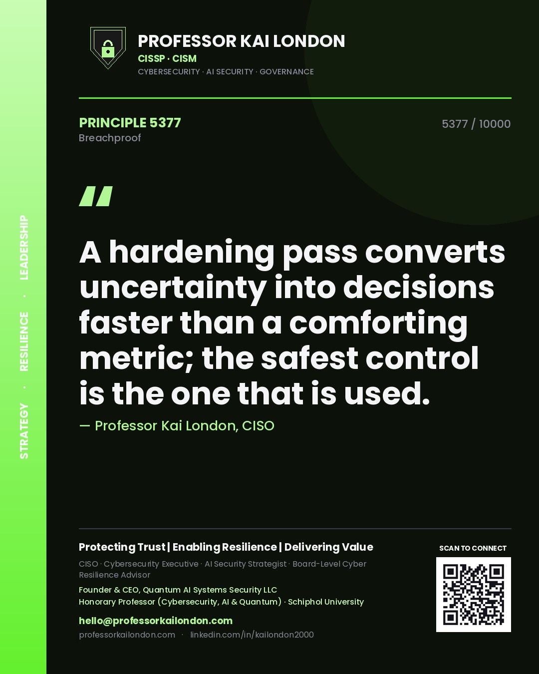 Quote card by Professor Kai London reading 'A hardening pass converts uncertainty into decisions faster than a comforting metric; the safest control is the one that is used.'. From the book Breachproof.