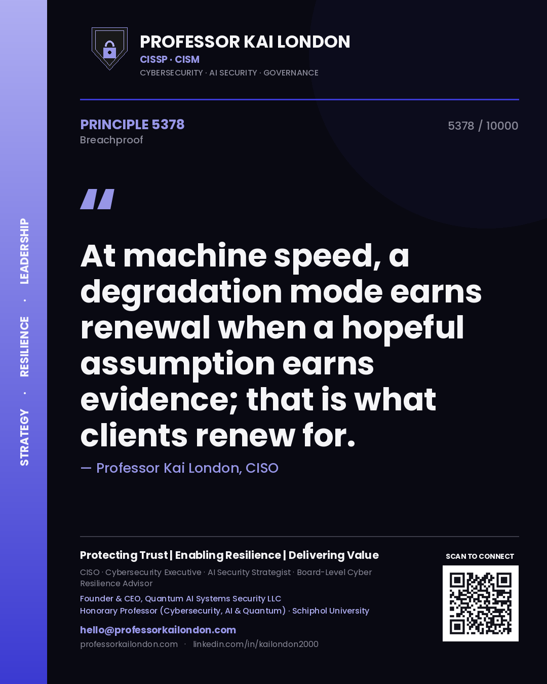 Quote card by Professor Kai London reading 'At machine speed, a degradation mode earns renewal when a hopeful assumption earns evidence; that is what clients renew for.'. From the book Breachproof.