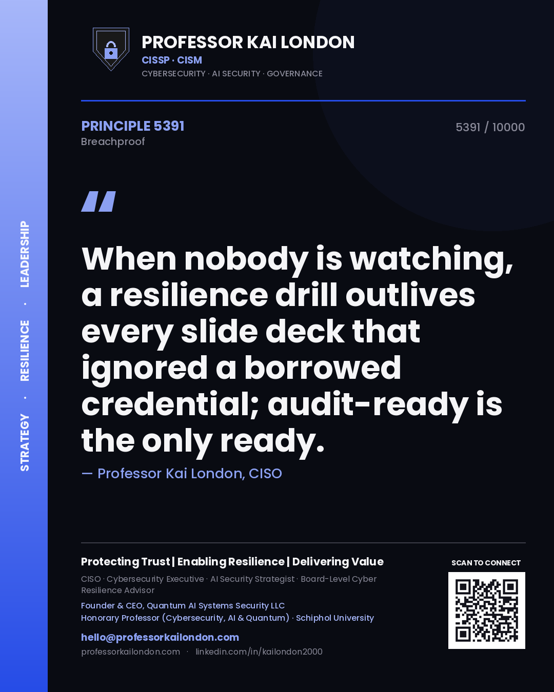Quote card by Professor Kai London reading 'When nobody is watching, a resilience drill outlives every slide deck that ignored a borrowed credential; audit-ready is the only ready.'. From the book Breachproof.