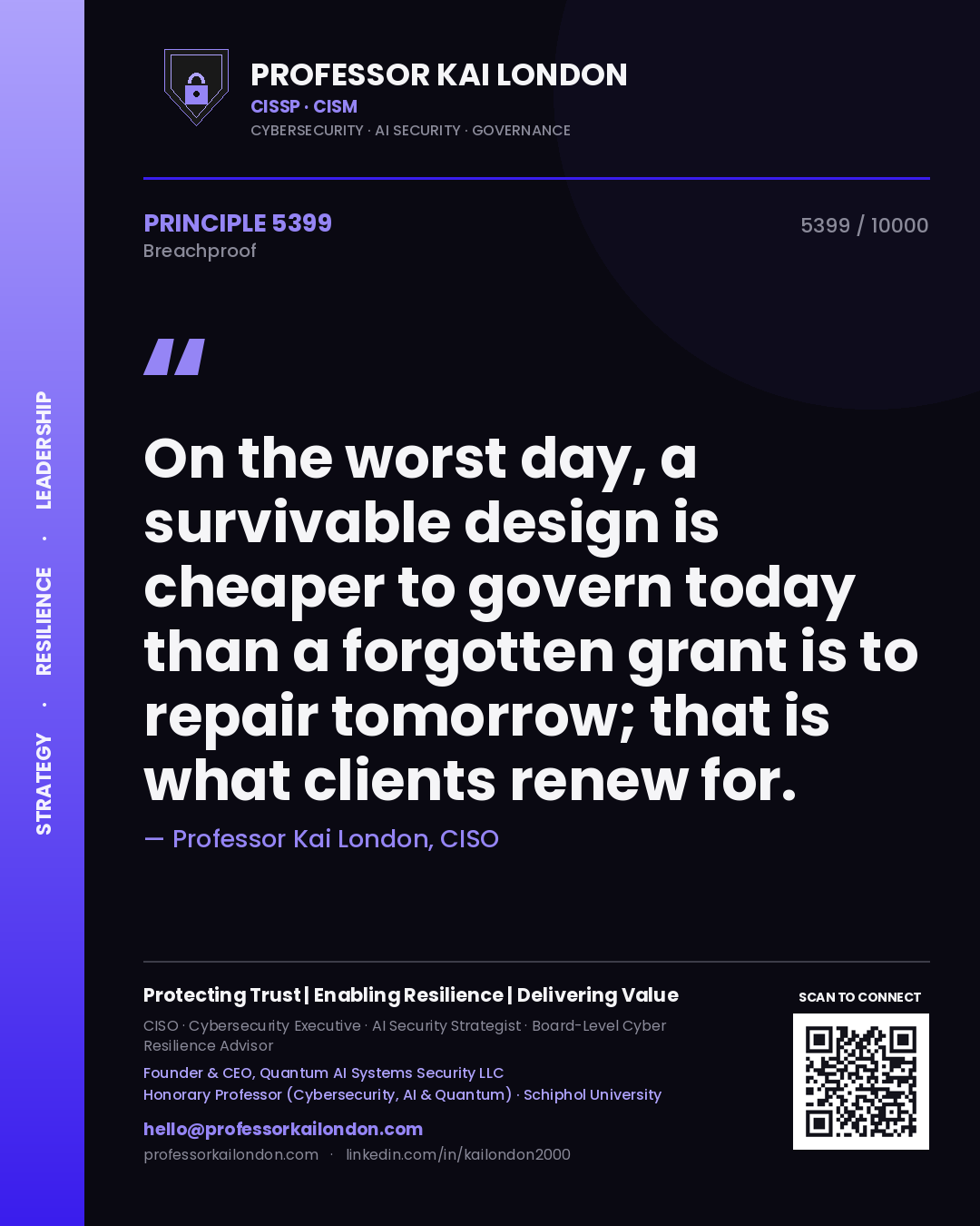 Professor Kai London principle 5399: On the worst day, a survivable design is cheaper to govern today than a forgotten grant is to repair tomorrow; that is what clients renew for.