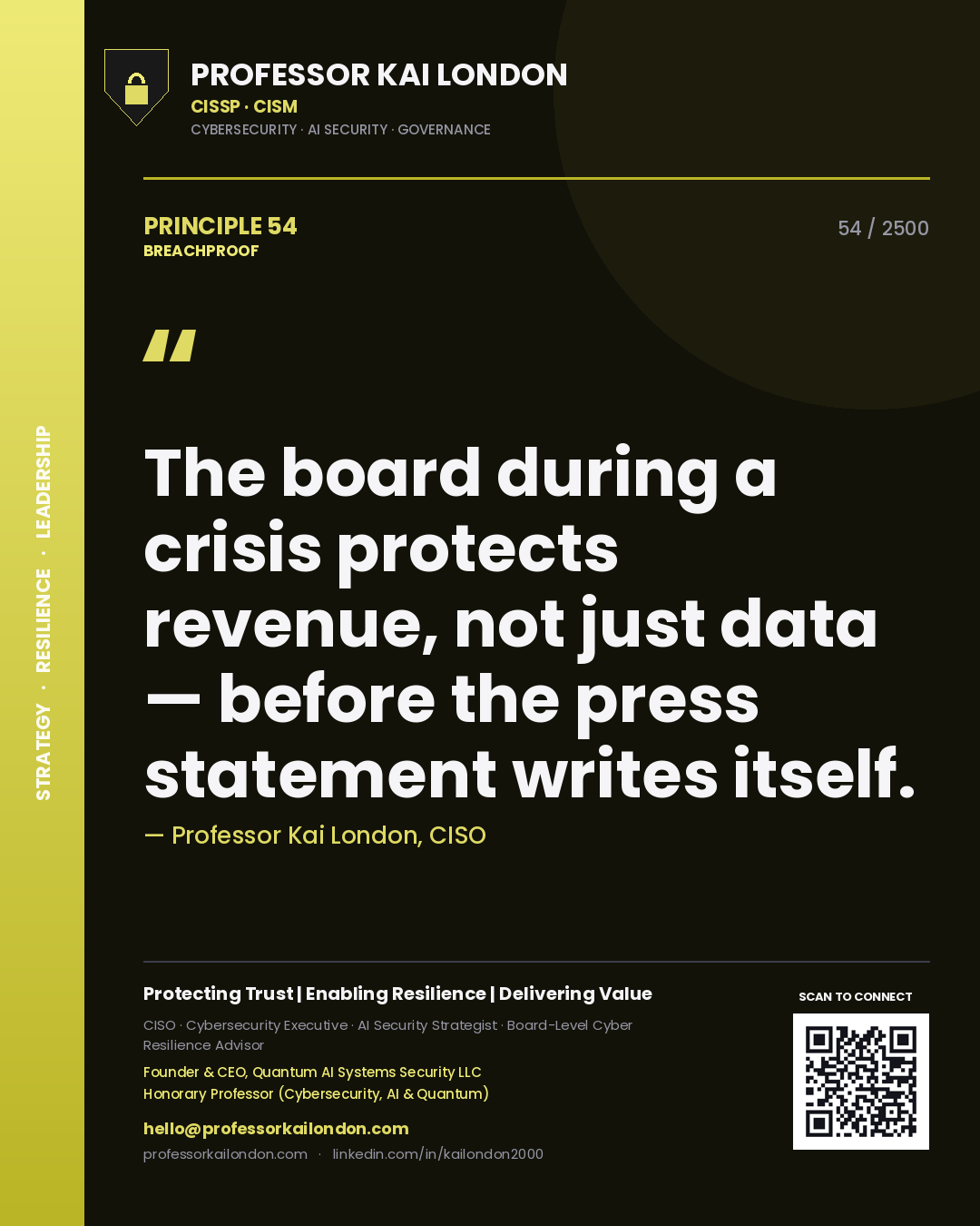 Professor Kai London principle 54: The board during a crisis protects revenue, not just data — before the press statement writes itself.