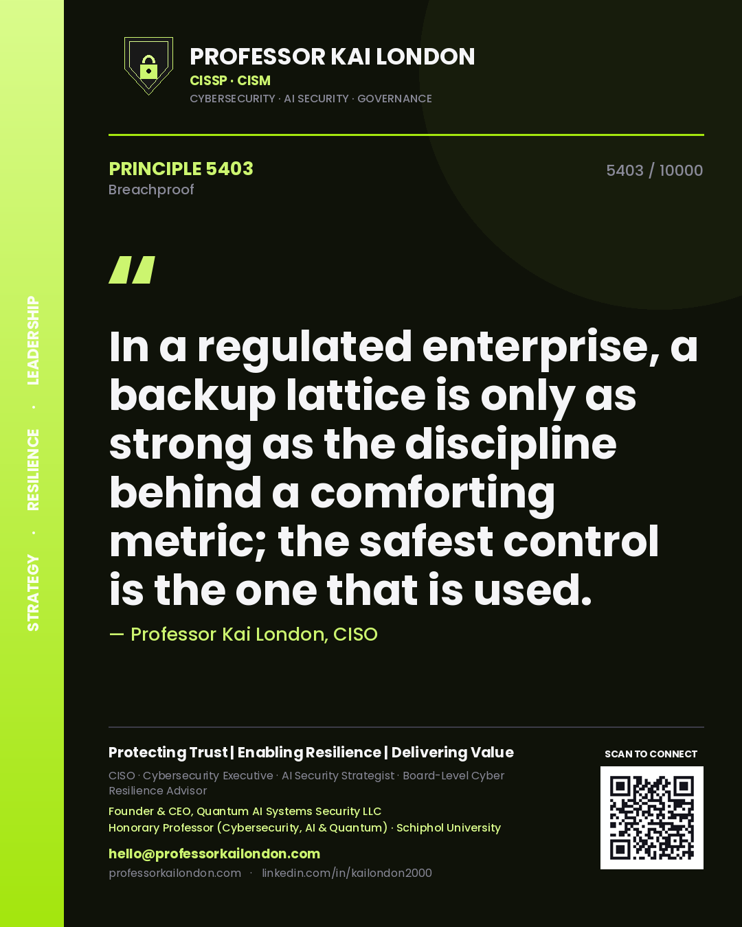 Quote card by Professor Kai London reading 'In a regulated enterprise, a backup lattice is only as strong as the discipline behind a comforting metric; the safest control is the one that is used.'. From the book Breachproof.