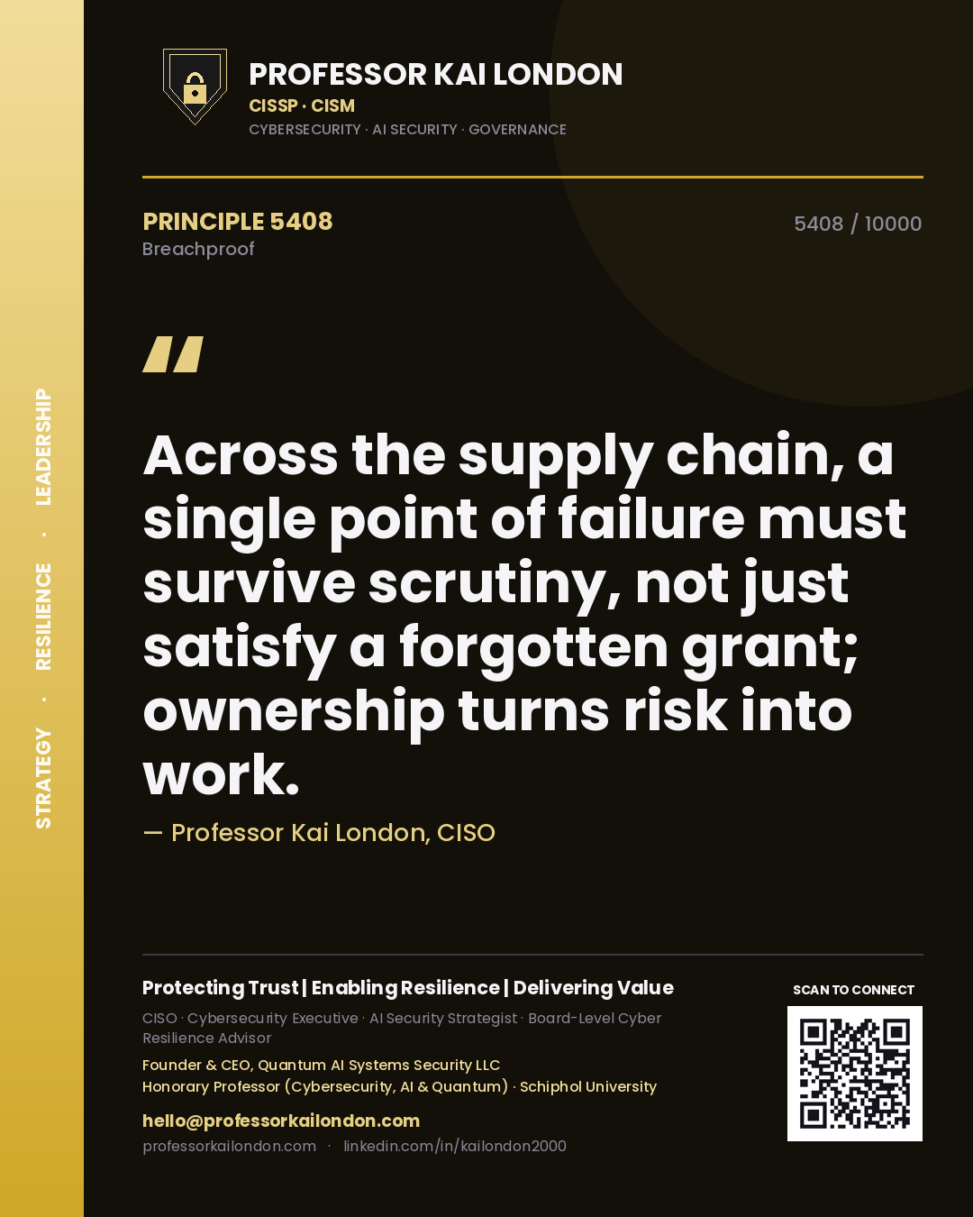 Professor Kai London principle 5408: Across the supply chain, a single point of failure must survive scrutiny, not just satisfy a forgotten grant; ownership turns risk into work.