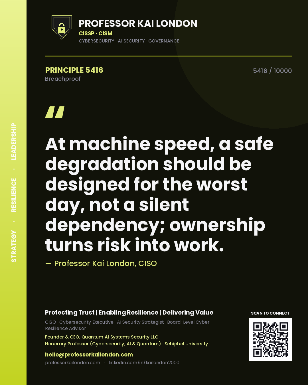 Professor Kai London principle 5416: At machine speed, a safe degradation should be designed for the worst day, not a silent dependency; ownership turns risk into work.