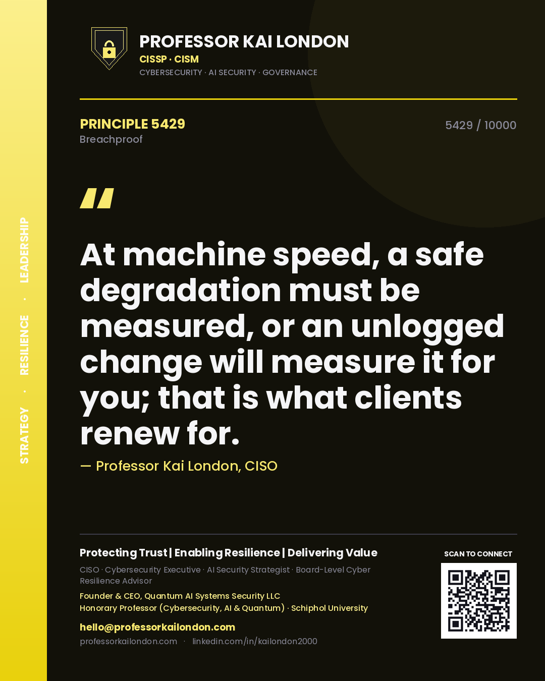 Quote card by Professor Kai London reading 'At machine speed, a safe degradation must be measured, or an unlogged change will measure it for you; that is what clients renew for.'. From the book Breachproof.