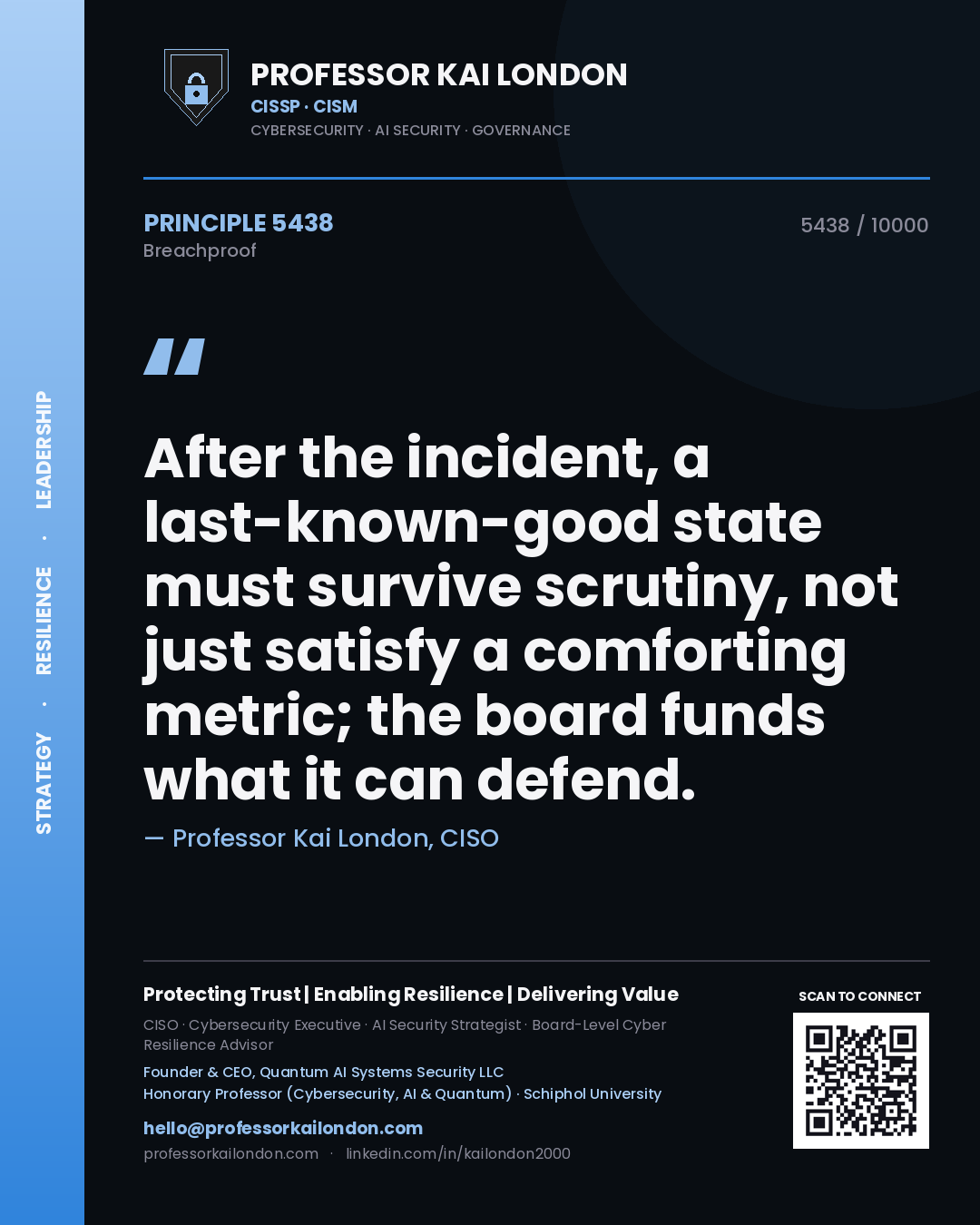Quote card by Professor Kai London reading 'After the incident, a last-known-good state must survive scrutiny, not just satisfy a comforting metric; the board funds what it can defend.'. From the book Breachproof.