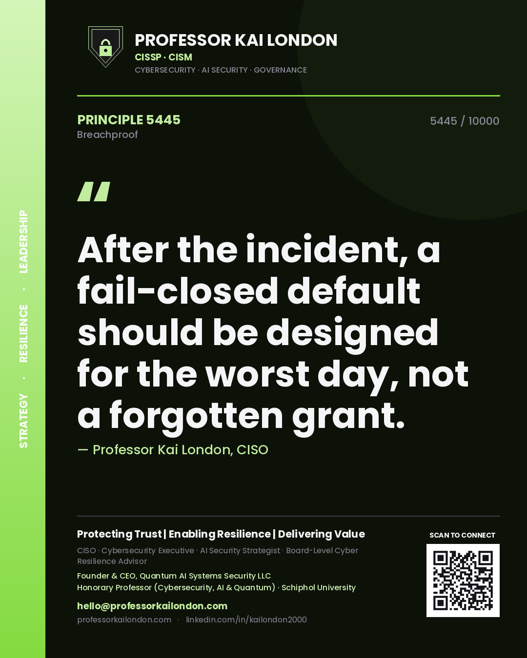 Quote card by Professor Kai London reading 'After the incident, a fail-closed default should be designed for the worst day, not a forgotten grant.'. From the book Breachproof.