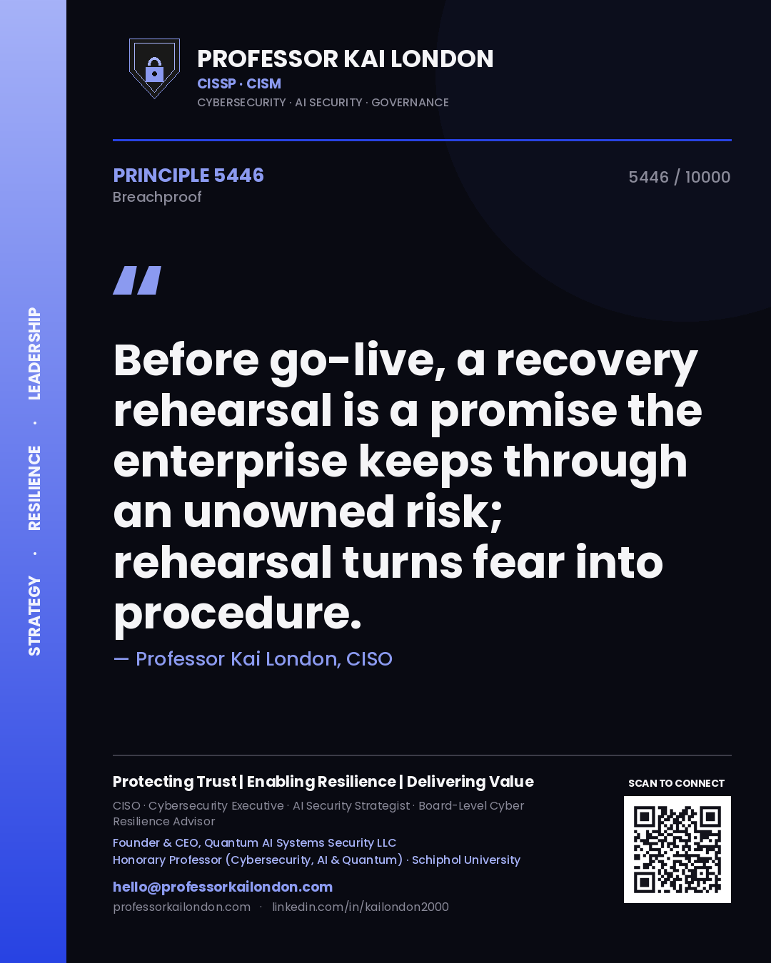 Quote card by Professor Kai London reading 'Before go-live, a recovery rehearsal is a promise the enterprise keeps through an unowned risk; rehearsal turns fear into procedure.'. From the book Breachproof.